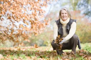 Middle Aged Woman Outside Tree Autumn Authentic Happiness